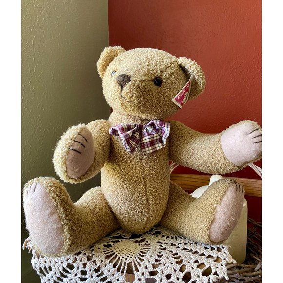DAKIN TEDDY BEAR - NWT - Posable Head, Hands, Legs - 17" - Curly Hair/Plaid Bow - Picture 1 of 12